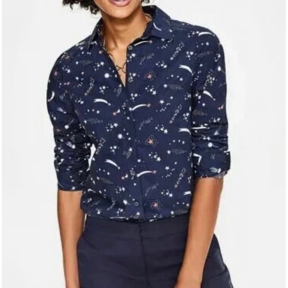 Boden Classic Shirt Navy Blue Celestial Star Print Cotton Top US‎ 2 whimsi retro